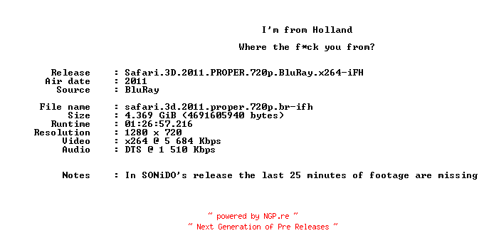 NFO for the release Safari.3D.2011.PROPER.720p.BluRay.x264-iFH by iFH