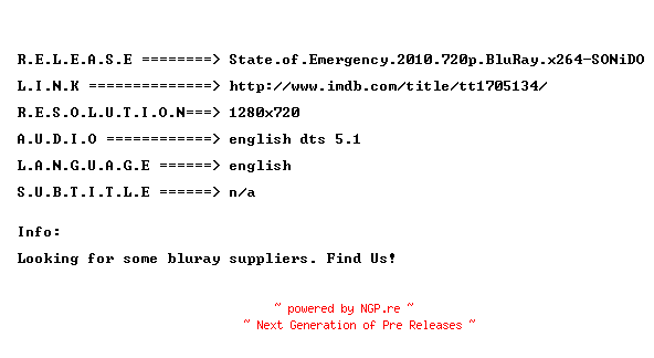 NFO for the release State.of.Emergency.2010.720p.BluRay.x264-SONiDO by SONiDO