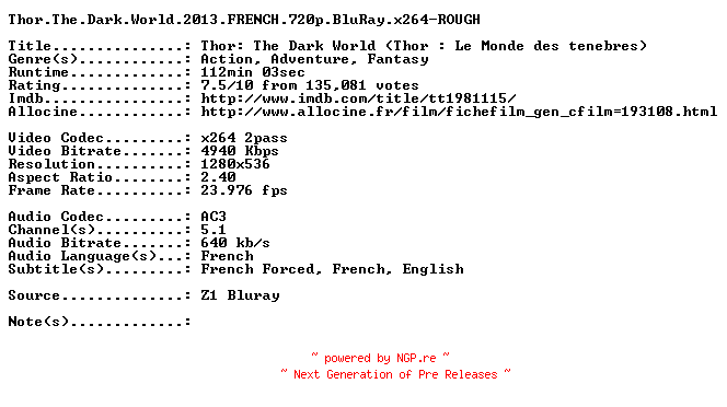 NFO for the release Thor.The.Dark.World.2013.FRENCH.720p.BluRay.x264-ROUGH by ROUGH