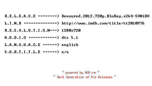NFO for the release Devoured.2012.720p.BluRay.x264-SONiDO by SONiDO
