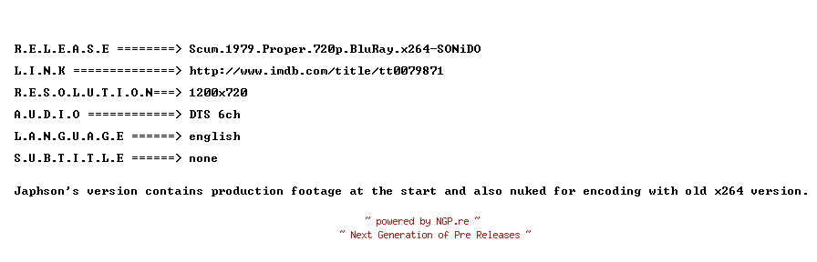 NFO for the release Scum.1979.Proper.720p.BluRay.x264-SONiDO by SONiDO