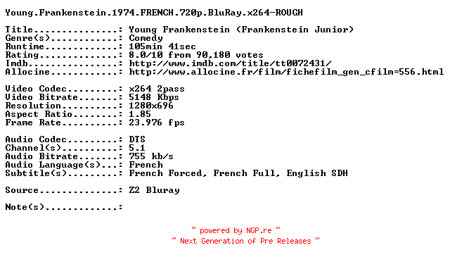 NFO for the release Young.Frankenstein.1974.FRENCH.720p.BluRay.x264-ROUGH by ROUGH