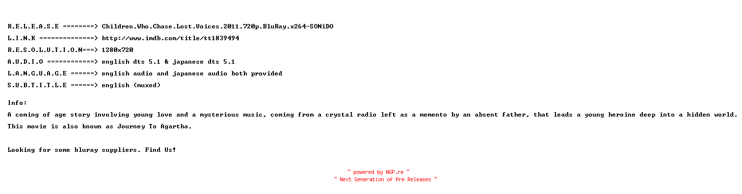 NFO for the release Children.Who.Chase.Lost.Voices.2011.720p.BluRay.x264-SONiDO by SONiDO