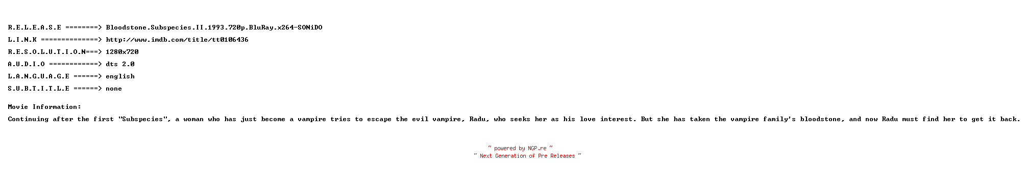 NFO for the release Bloodstone.Subspecies.II.1993.720p.BluRay.x264-SONiDO by SONiDO