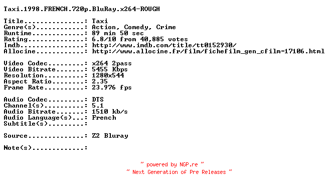 NFO for the release Taxi.1998.FRENCH.720p.BluRay.x264-ROUGH by ROUGH