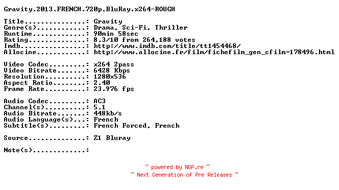 NFO for the release Gravity.2013.FRENCH.720p.BluRay.x264-ROUGH by ROUGH