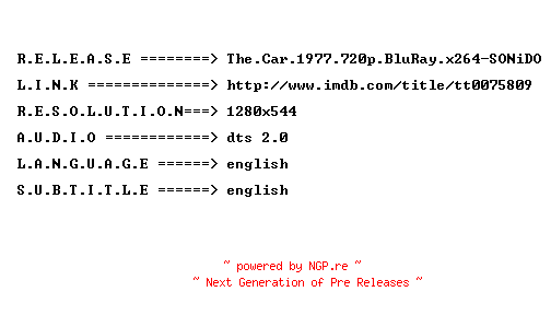NFO for the release The.Car.1977.720p.BluRay.x264-SONiDO by SONiDO