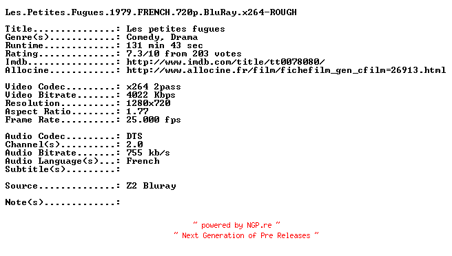 NFO for the release Les.Petites.Fugues.1979.FRENCH.720p.BluRay.x264-ROUGH by ROUGH