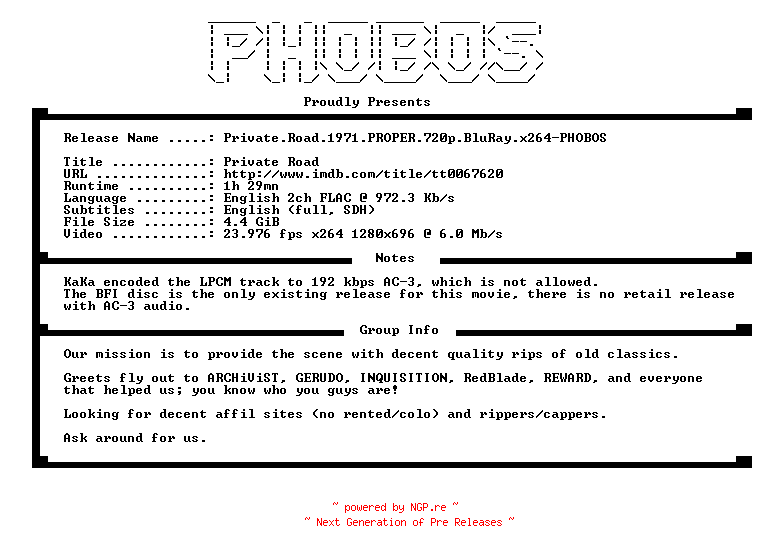 NFO for the release Private.Road.1971.PROPER.720p.BluRay.x264-PHOBOS by PHOBOS