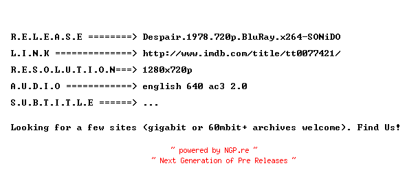NFO for the release Despair.1978.720p.BluRay.x264-SONiDO by SONiDO