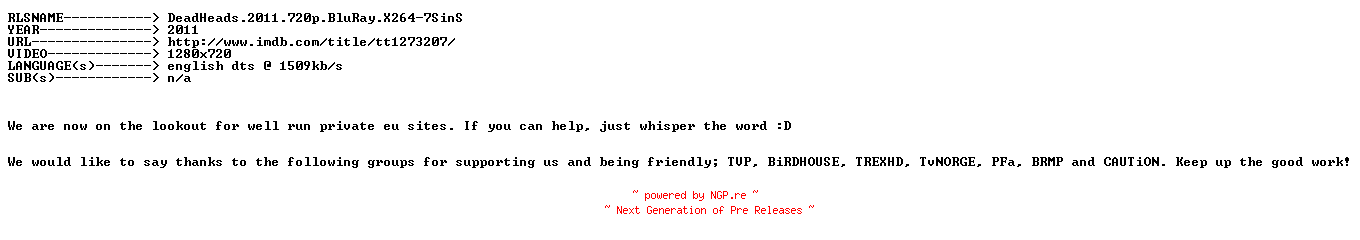 NFO for the release DeadHeads.2011.720p.BluRay.X264-7SinS by 7SinS