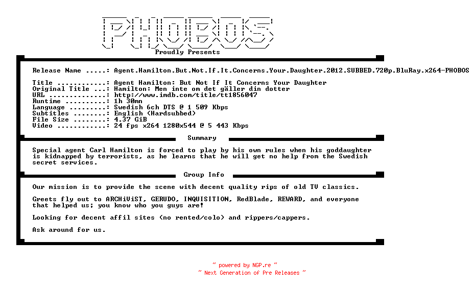 NFO for the release Agent.Hamilton.But.Not.If.It.Concerns.Your.Daughter.2012.SUBBED.720p.BluRay.x264-PHOBOS by PHOBOS