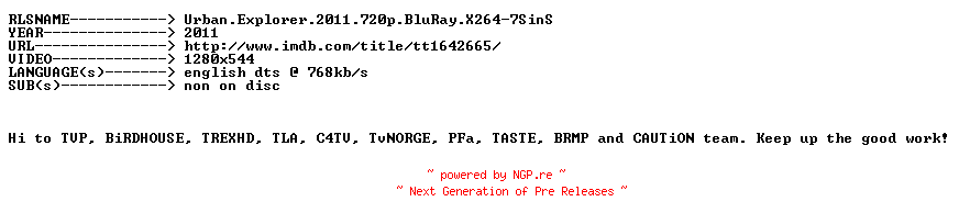 NFO for the release Urban.Explorer.2011.720p.BluRay.X264-7SinS by 7SinS