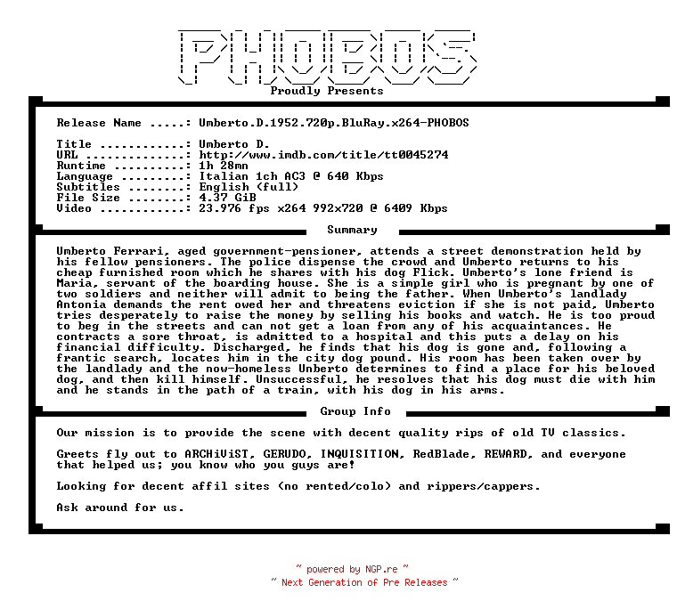 NFO for the release Umberto.D.1952.720p.BluRay.x264-PHOBOS by PHOBOS