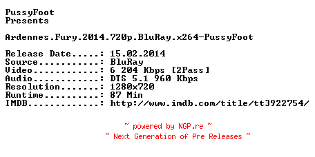 NFO for the release Ardennes.Fury.2014.720p.BluRay.x264-PussyFoot by PussyFoot