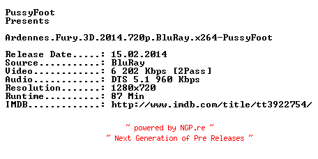 NFO for the release Ardennes.Fury.3D.2014.720p.BluRay.x264-PussyFoot by PussyFoot