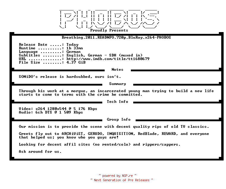 NFO for the release Breathing.2011.READNFO.720p.BluRay.x264-PHOBOS by PHOBOS