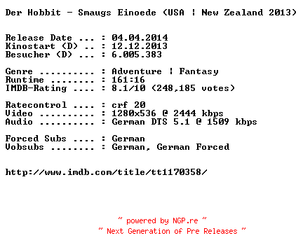 NFO for the release Der.Hobbit.Smaugs.Einoede.German.720p.BluRay.x264-EXQUiSiTE by EXQUiSiTE