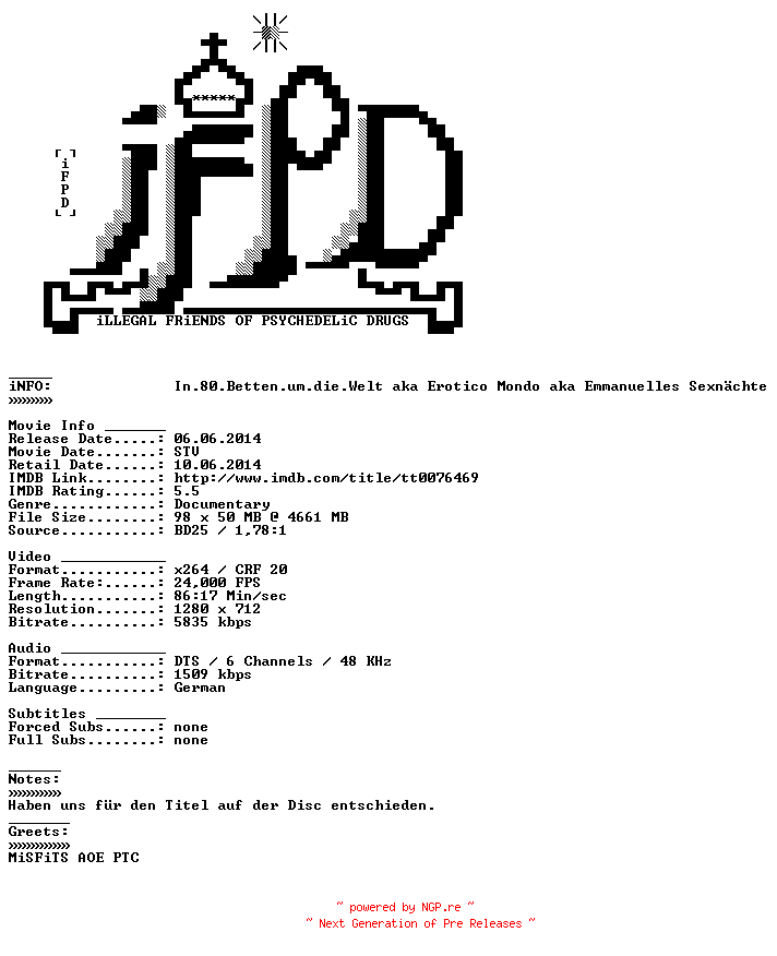 NFO for the release In.80.Betten.um.die.Welt.1977.German.720p.BluRay.x264-iFPD by iFPD