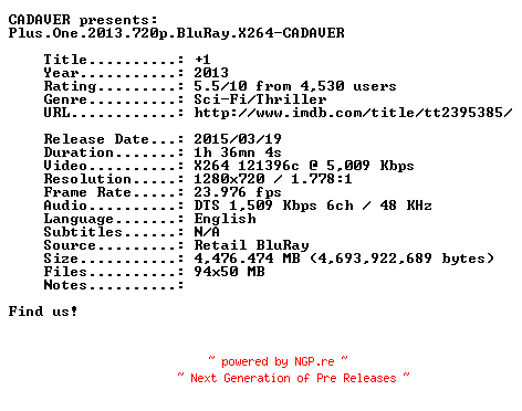 NFO for the release Plus.One.2013.720p.BluRay.X264-CADAVER by CADAVER