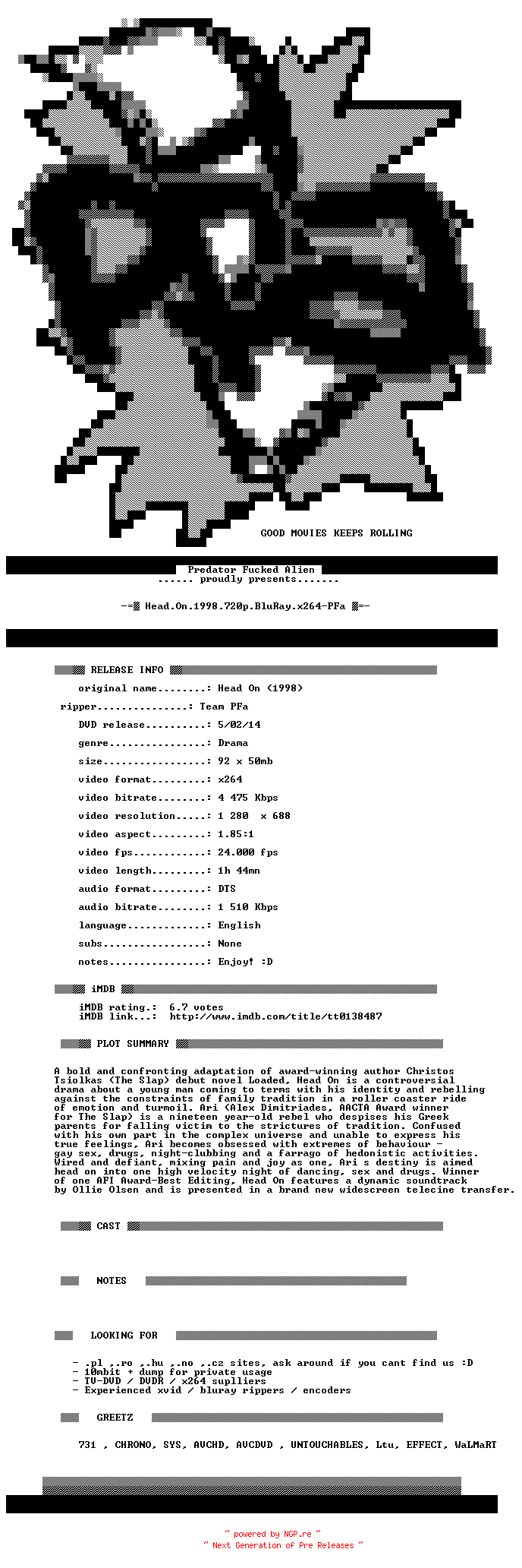NFO for the release Head.On.1998.720p.BluRay.x264-PFa by PFa