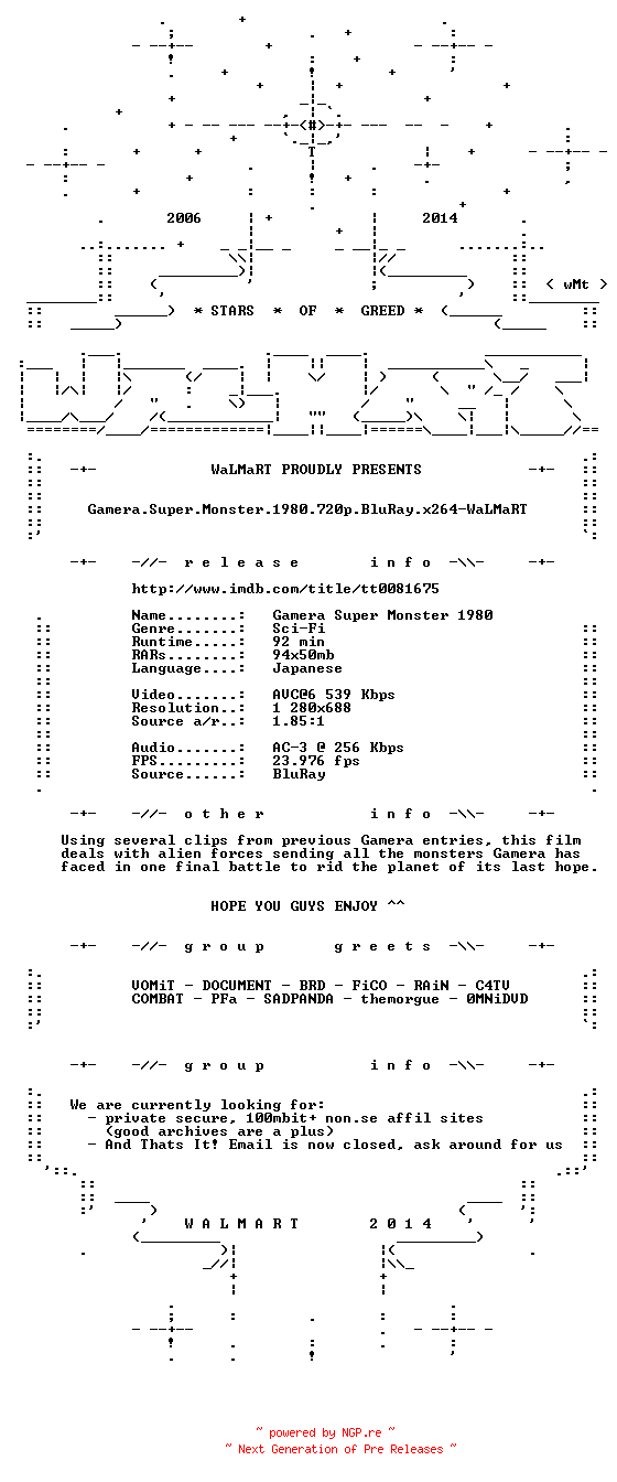 NFO for the release Gamera.Super.Monster.1980.720p.BluRay.x264-WaLMaRT by WaLMaRT