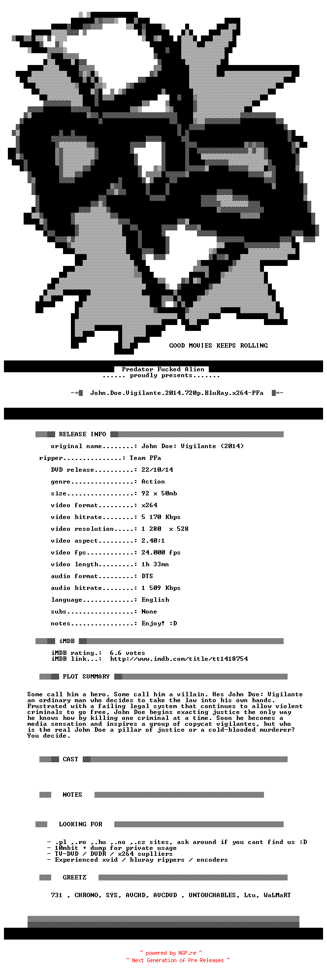 NFO for the release John.Doe.Vigilante.2014.720p.BluRay.x264-PFa by PFa