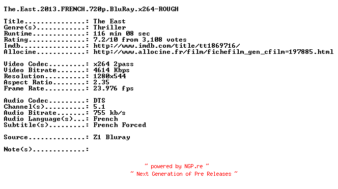 NFO for the release The.East.2013.FRENCH.720p.BluRay.x264-ROUGH by ROUGH