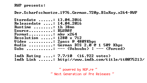 NFO for the release Der.Scharfschuetze.1976.German.720p.BluRay.x264-RWP by RWP