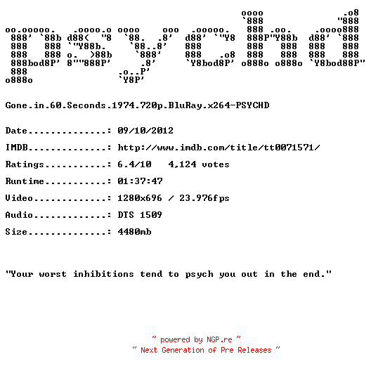 NFO for the release Gone.in.60.Seconds.1974.720p.BluRay.x264-PSYCHD by PSYCHD