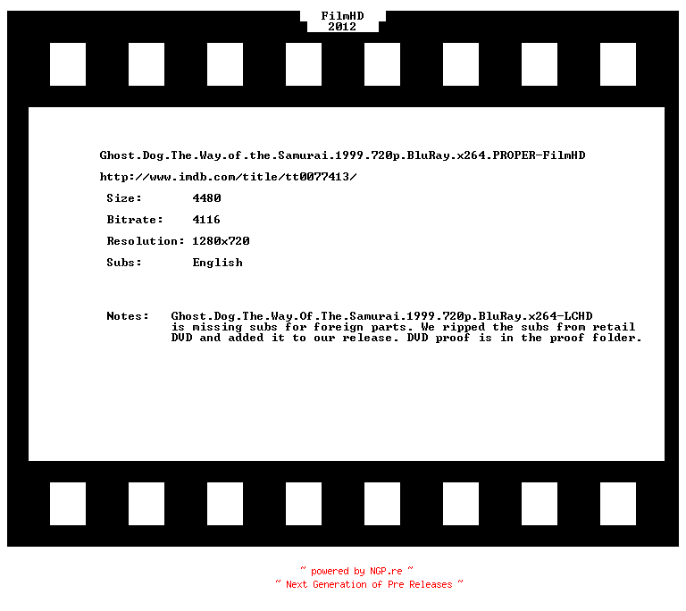 NFO for the release Ghost.Dog.The.Way.of.the.Samurai.1999.720p.BluRay.x264.PROPER-FilmHD by FilmHD