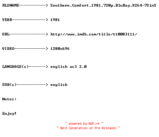 NFO for the release Southern.Comfort.1981.720p.BluRay.X264-7SinS by 7SinS