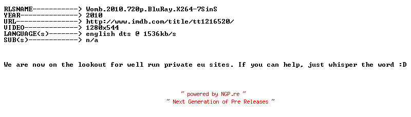 NFO for the release Womb.2010.720p.BluRay.X264-7SinS by 7SinS