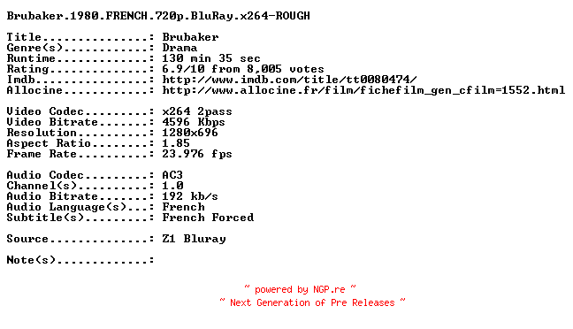 NFO for the release Brubaker.1980.FRENCH.720p.BluRay.x264-ROUGH by ROUGH
