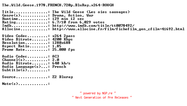 NFO for the release The.Wild.Geese.1978.FRENCH.720p.BluRay.x264-ROUGH by ROUGH