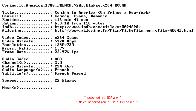 NFO for the release Coming.To.America.1988.FRENCH.720p.BluRay.x264-ROUGH by ROUGH