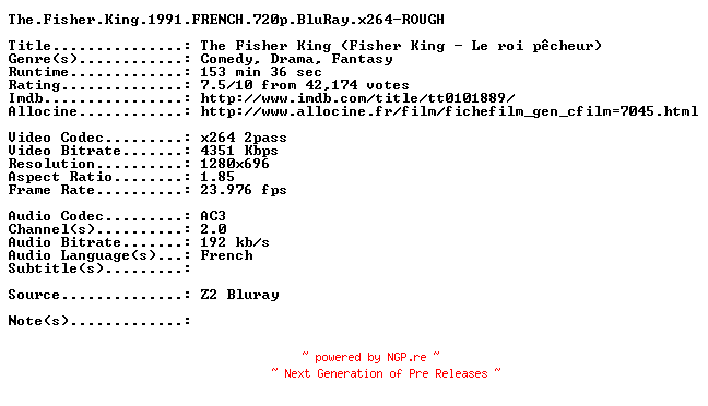 NFO for the release The.Fisher.King.1991.FRENCH.720p.BluRay.x264-ROUGH by ROUGH