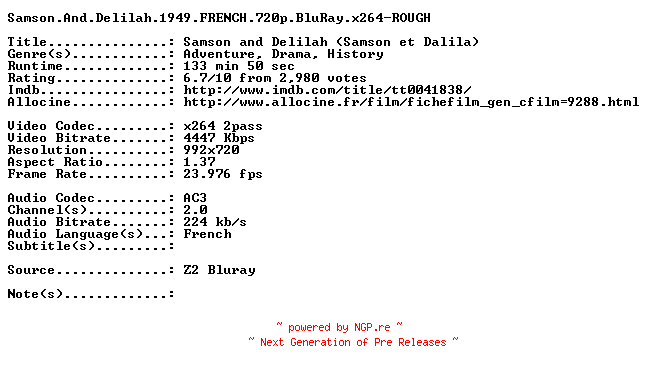 NFO for the release Samson.And.Delilah.1949.FRENCH.720p.BluRay.x264-ROUGH by ROUGH