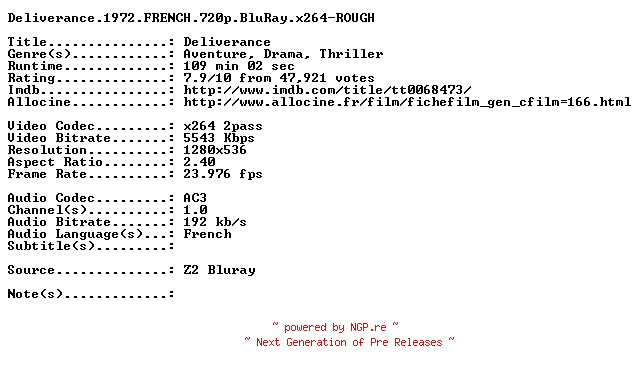 NFO for the release Deliverance.1972.FRENCH.720p.BluRay.x264-ROUGH by ROUGH