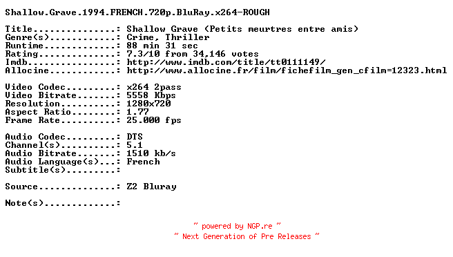 NFO for the release Shallow.Grave.1994.FRENCH.720p.BluRay.x264-ROUGH by ROUGH