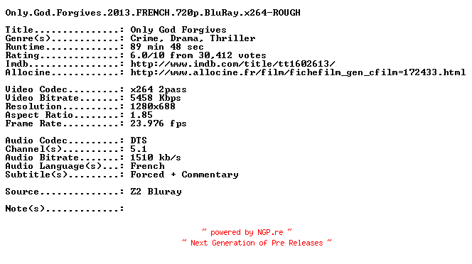 NFO for the release Only.God.Forgives.2013.FRENCH.720p.BluRay.x264-ROUGH by ROUGH