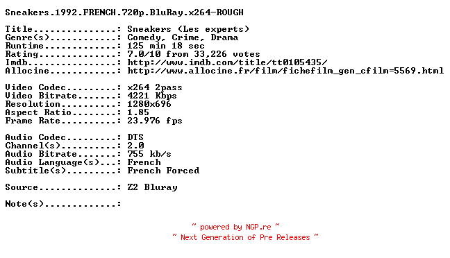 NFO for the release Sneakers.1992.FRENCH.720p.BluRay.x264-ROUGH by ROUGH
