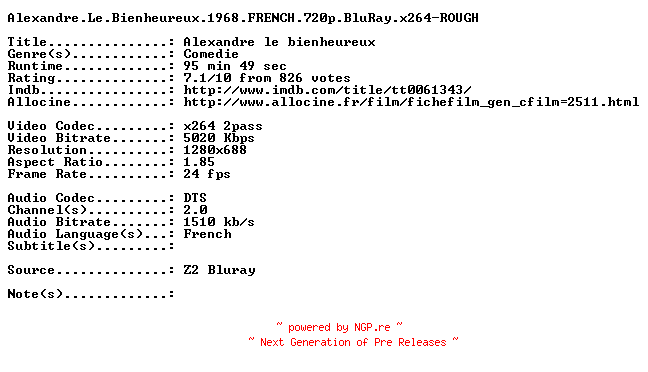 NFO for the release Alexandre.Le.Bienheureux.1968.FRENCH.720p.BluRay.x264-ROUGH by ROUGH
