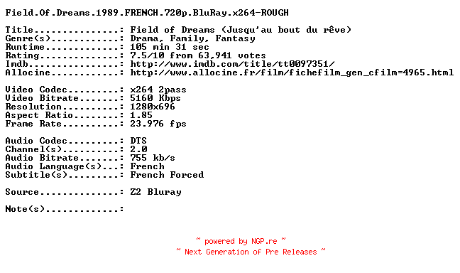NFO for the release Field.Of.Dreams.1989.FRENCH.720p.BluRay.x264-ROUGH by ROUGH