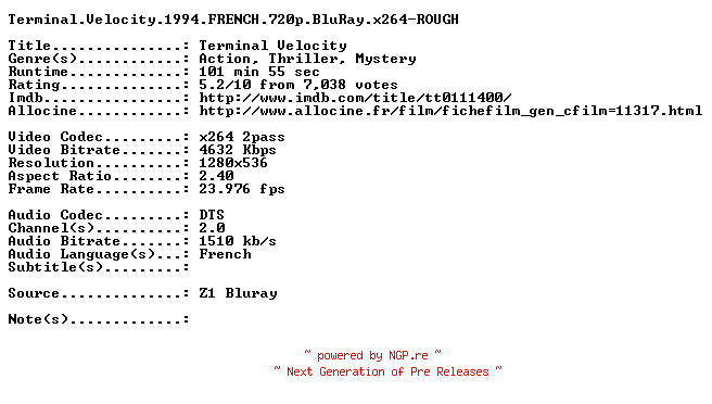 NFO for the release Terminal.Velocity.1994.FRENCH.720p.BluRay.x264-ROUGH by ROUGH