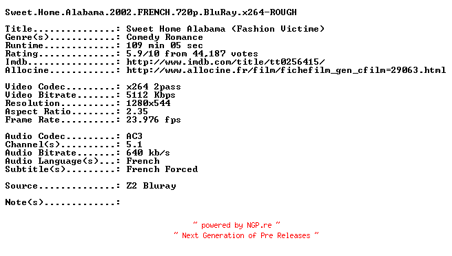 NFO for the release Sweet.Home.Alabama.2002.FRENCH.720p.BluRay.x264-ROUGH by ROUGH