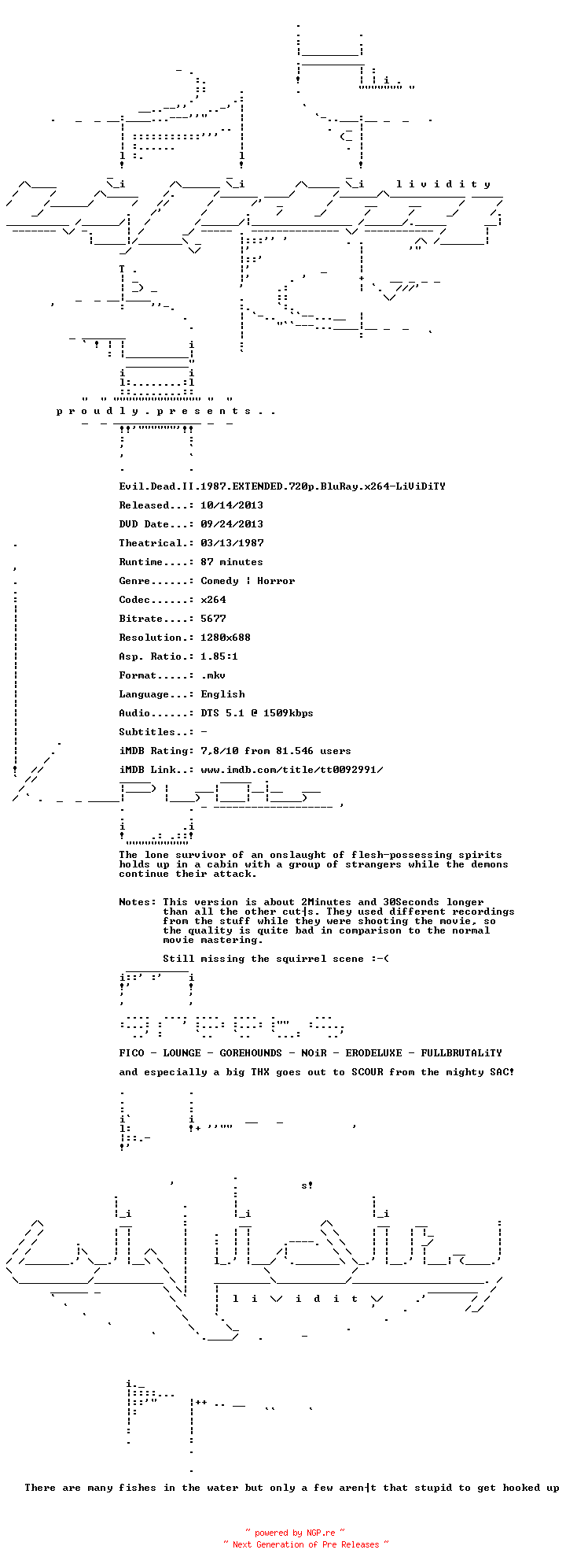 NFO for the release Evil.Dead.II.1987.EXTENDED.720p.BluRay.x264-LiViDiTY by LiViDiTY