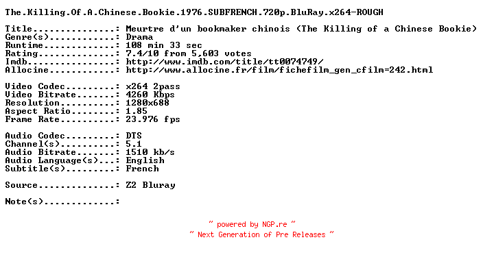 NFO for the release The.Killing.Of.A.Chinese.Bookie.1976.SUBFRENCH.720p.BluRay.x264-ROUGH by ROUGH