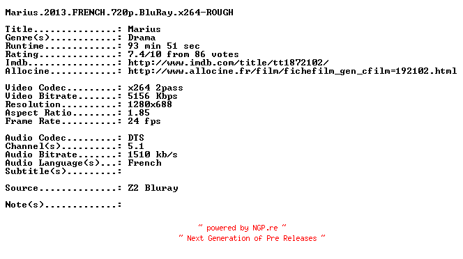 NFO for the release Marius.2013.FRENCH.720p.BluRay.x264-ROUGH by ROUGH