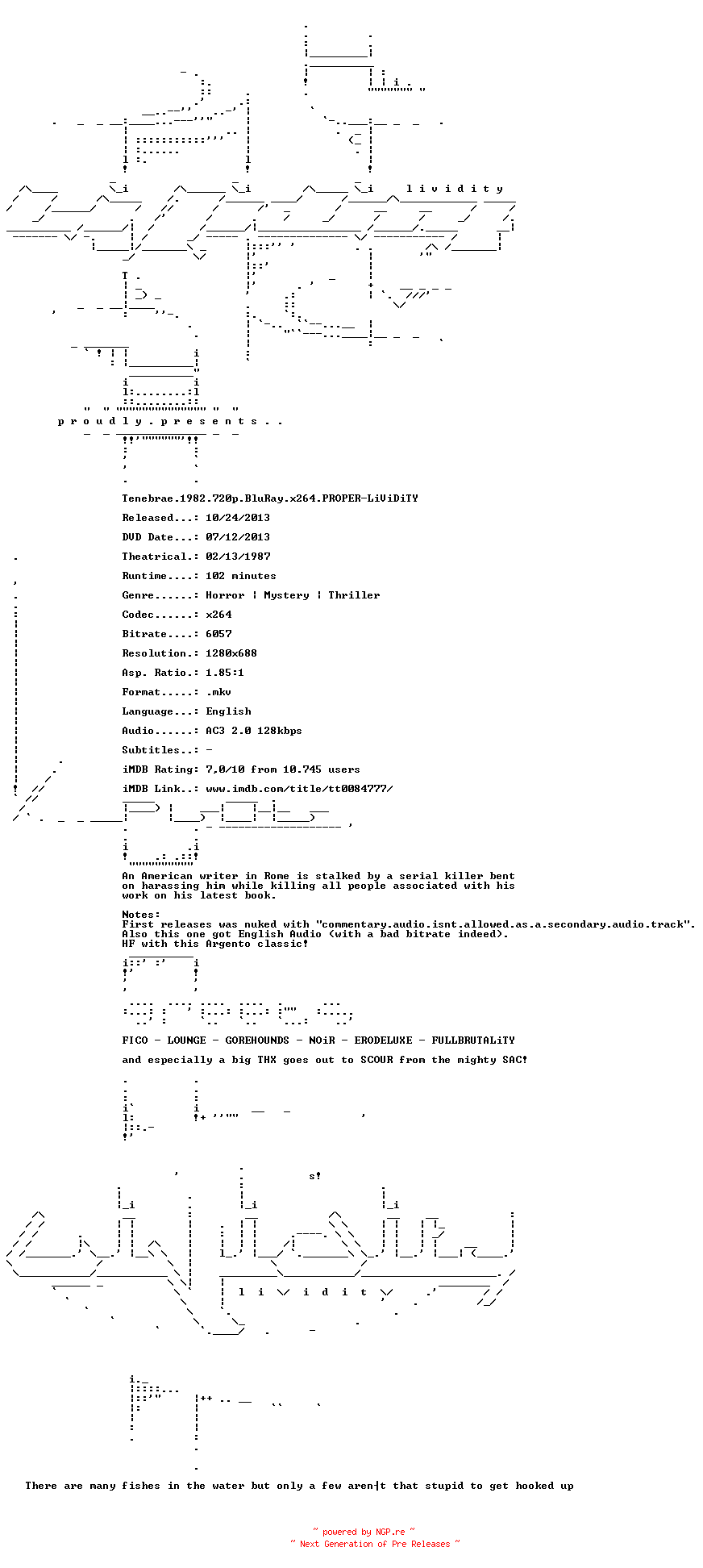 NFO for the release Tenebrae.1982.720p.BluRay.x264.PROPER-LiViDiTY by LiViDiTY
